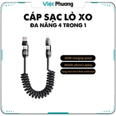 Cáp Sạc Lò Xo Đa Năng 4-in-1 Sạc Nhanh 240W, Chống Rối Cho Điện Thoại Máy Tính Bảng, Hỗ Trợ Carplay