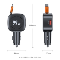 Tẩu Sạc Ô Tô AUTREX C31 99W, 3 Cổng Sạc Nhanh PD và QuickCharge, Cáp Type-C Rút Gọn Cho Xe 12V-24V