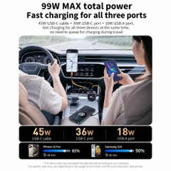Tẩu Sạc Ô Tô AUTREX C31 99W, 3 Cổng Sạc Nhanh PD và QuickCharge, Cáp Type-C Rút Gọn Cho Xe 12V-24V