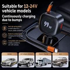 Tẩu Sạc Ô Tô AUTREX C31 99W, 3 Cổng Sạc Nhanh PD và QuickCharge, Cáp Type-C Rút Gọn Cho Xe 12V-24V