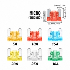 Cầu Chì Ô Tô (combo 10 cái) Tuỳ Chọn Size (Micro, M2, Mini, Standard) và Ampe (5A, 10A, 15A, 20A, 25A, 30A)