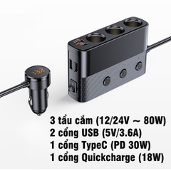 Tẩu Sạc Điện Thoại Ô tô Mở Rộng AUTREX C28 Cao Cấp (3 tẩu tròn, 2 USB, 1 QC 3.0 18W, 1 Type-C PD30W)