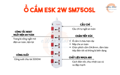 Điện Quang Ổ cắm ESK 2W SM750SL (5 lỗ 3 chấu, dây 2m, màu trắng đỏ)