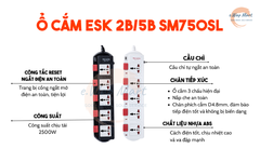 Điện Quang Ổ cắm ESK 2B SM750SL (5 lỗ 3 chấu, dây 2m, màu đen trắng đỏ)