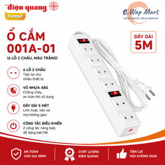 Điện Quang Ổ cắm 001A-01 (6 lỗ 2 chấu, dây 5m, màu trắng)