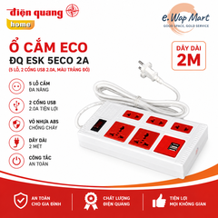Điện Quang Ổ cắm ESK 2WR 5 ECO 2A (5 lỗ, dây 2 mét, màu trắng đỏ, 2 cổng USB 2.0A)