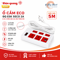 Điện Quang Ổ cắm ESK 5WR 5 ECO 2A (5 lỗ, dây 5 mét, màu trắng đỏ, 2 cổng USB 2.0A)
