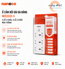 nanoco Ổ cắm NES3332-3 (3 lỗ 3 chấu, 3 lỗ 2 chấu, màu trắng) dây dài 3 mét