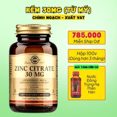 Solgar Viên Uống Bổ Sung Kẽm (Zinc Citrate) 30 MG  100 Viên - Chính Ngạch Mỹ
