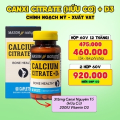 Mason Natural Viên Uống Bổ Sung Calcium Citrate + D3 Hộp 60 viên - Chính Ngạch Mỹ