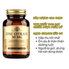 Solgar Viên Uống Bổ Sung Kẽm (Zinc Citrate) 30 MG  100 Viên - Chính Ngạch Mỹ
