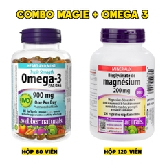 Combo 2 Hộp Webber Naturals Omega 3 900mg EPA/DHA 80 Viên Và Magnesium Bisglycinate 200mg Hỗ Trợ Tim Mạch, Hệ Tiêu Hoá 120 Viên