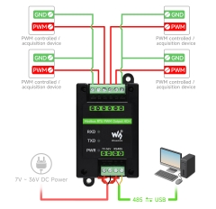 Waveshare Industrial 4-Ch PWM Output Module, Modbus RTU Protocol, Isolated RS485 Interface, Adjustable Frequency and Duty Cycle