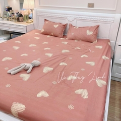 Bộ ga giường cotton poly trái tim màu hồng