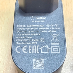 Adapter 15V 2.67A Belkin 2ACR04G EU Plug OEM Thay Thế Sartorius 6971991 15V 530mA DC + ---C--- Connector Size 5.5mm x 2.1mm For Cân Phân Tích Sartorius Quintix 125D-1S