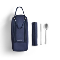 LHC8052S01 - Bộ hộp cơm giữ nhiệt LocknLock Pump Vacuum Lunch box (300ml*2, 500ml*1, bộ đũa và thìa, túi) - Màu xanh navy