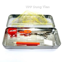 Bộ thước kẻ compa 8 món/ 9 món, hộp dụng cụ hình học bằng sắt cho học sinh
