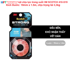 Băng dính hai mặt chịu lực trong suốt 3M SCOTCH 410-S19 - Kích thước: 19mm x 1.5m - chịu trọng tải 3,3kg - Nhập khẩu bởi 3M Việt Nam