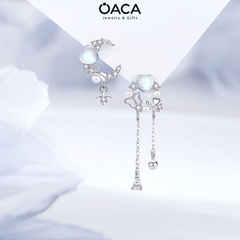 Bông tai bạc mạ vàng trắng đuôi dài đá Moonstone