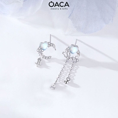 Bông tai bạc mạ vàng trắng đuôi dài đá Moonstone
