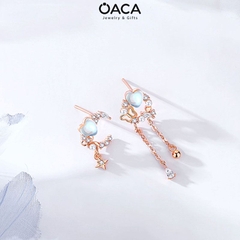 Bông tai bạc mạ vàng trắng đuôi dài đá Moonstone