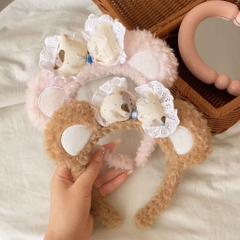 Cài Tóc Lông Xù Tai Gấu Đính Nơ Cún Tai Xù Viền Ren 16153