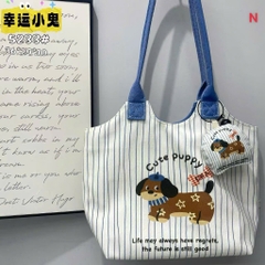 Túi Tote Nhung Mềm Hoạ Tiết Khoá Kéo Kèm Tag Gấu Bông 17769