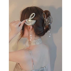 Kẹp Tóc Sắt Kiểu Dáng Hình Cánh Quạt Đính Đá Dây Tua Rua 8744