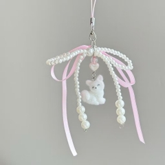 Dây Móc Điện Thoại Kiểu Charm Móc Khóa Thắt Nơ Ruy Băng Hồng Chú Cún 16227