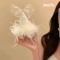 Kẹp Tóc Kiểu Nón Lông Vũ Chóp Nơ Ren Trắng Be 15468