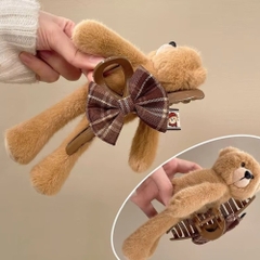 Kẹp Tóc Nhựa Cung Tóc Gấu Nâu To Nằm Ngang Kèm Nơ 17947