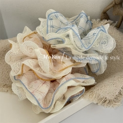 Cột Tóc Vải Scrunchies 4 Lớp Voan Kẻ Vuông To Nơ Hoa Phối Ren 17695