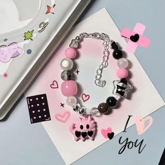 Vòng Tay Chuỗi Hạt Đen Trắng Hồng Phối Mèo Tim 16438