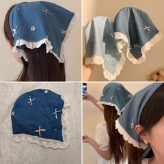 Cài Tóc Kiểu Khăn Trùm Đầu Vải Jean Xanh Đính Đá Nơ 15514