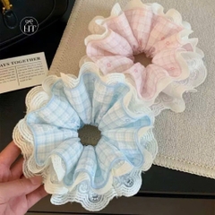 Cột Tóc Vải Scrunchies 4 Lớp Voan Caro / Kẻ Nơ Hoa Phối Ren 17664