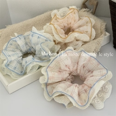 Cột Tóc Vải Scrunchies 4 Lớp Voan Kẻ Vuông To Nơ Hoa Phối Ren 17695