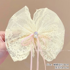 Kẹp Tóc Sau Mỏ Vịt Nơ Ren Đính Đá kèm Dây Ruy Băng Hồng 15605