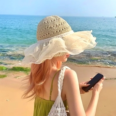 Mũ Cói Đi Biển Viền Vải Voan Đính Dây Ngọc Thời Trang 15240