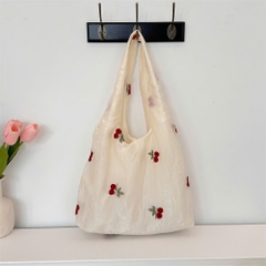 Túi Tote Kem Dạng Bầu Vải Voan Thêu Cherry & Nơ 15658