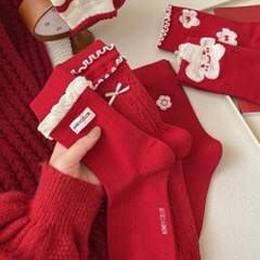 Tất Cotton Hoạ Tiết Đỏ Dày Mịn 16512