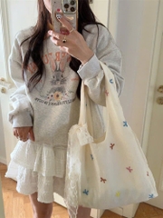 Túi Tote Kem Dạng Bầu Vải Voan Thêu Cherry & Nơ 15658