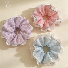 Cột Tóc Vải Scrunchies 4 Lớp Voan Caro / Kẻ Nơ Hoa Phối Ren 17664