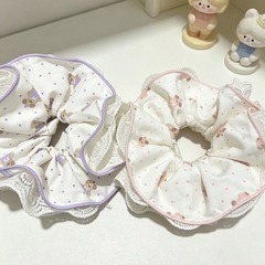 Cột Tóc Vải Scrunchies 4 Lớp Gấu Chấm Bi Phối Ren 17588
