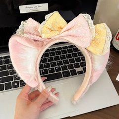 Cài Tóc Nơ Vàng Phối Hồng Có Tai Đính Lông Disney 17383