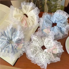 Cột Tóc Scrunchies Viền Ren voan Trắng Dây Nơ Hồng 16868