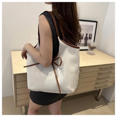 Túi Xách Vải Sợi Dệt Cứng Viền Da Thắt Nơ Thời Trang 15714