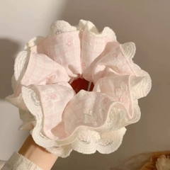 Cột Tóc Vải Scrunchies 4 Lớp Caro Nhỏ Hoa Nhí Phối Ren 17278