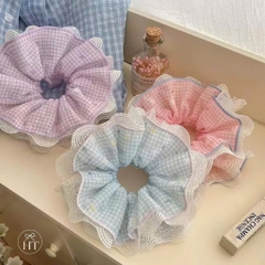Cột Tóc Vải Scrunchies 4 Lớp Voan Caro / Kẻ Nơ Hoa Phối Ren 17664