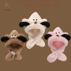 Mũ Lông / Khăn Choàng Cổ 2In1 Cún Mắt Lồi Tai Đen Cute 16446