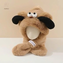 Mũ Lông / Khăn Choàng Cổ 2In1 Cún Mắt Lồi Tai Đen Cute 16446